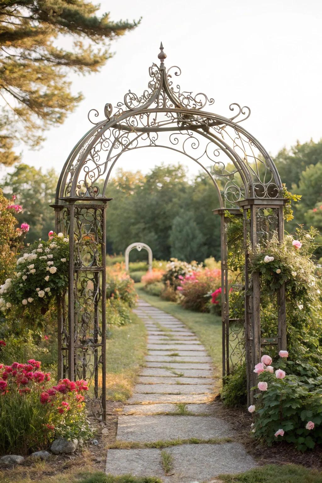 Vintage iron arches convey a sense of whimsy and heritage to your garden.