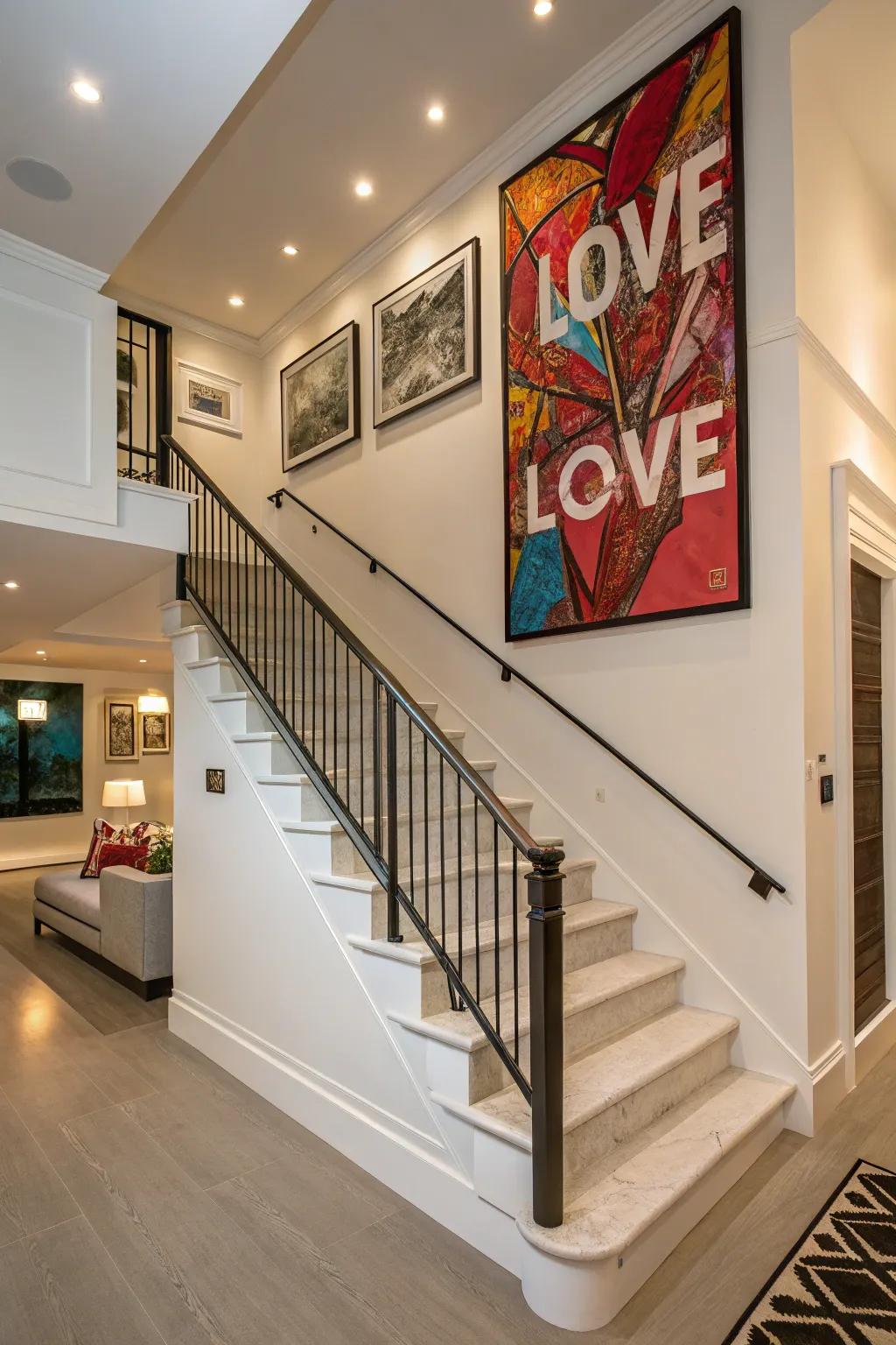 A prominent art piece has the transformative potential to convert your stairway wall into an eye-catching focal element.