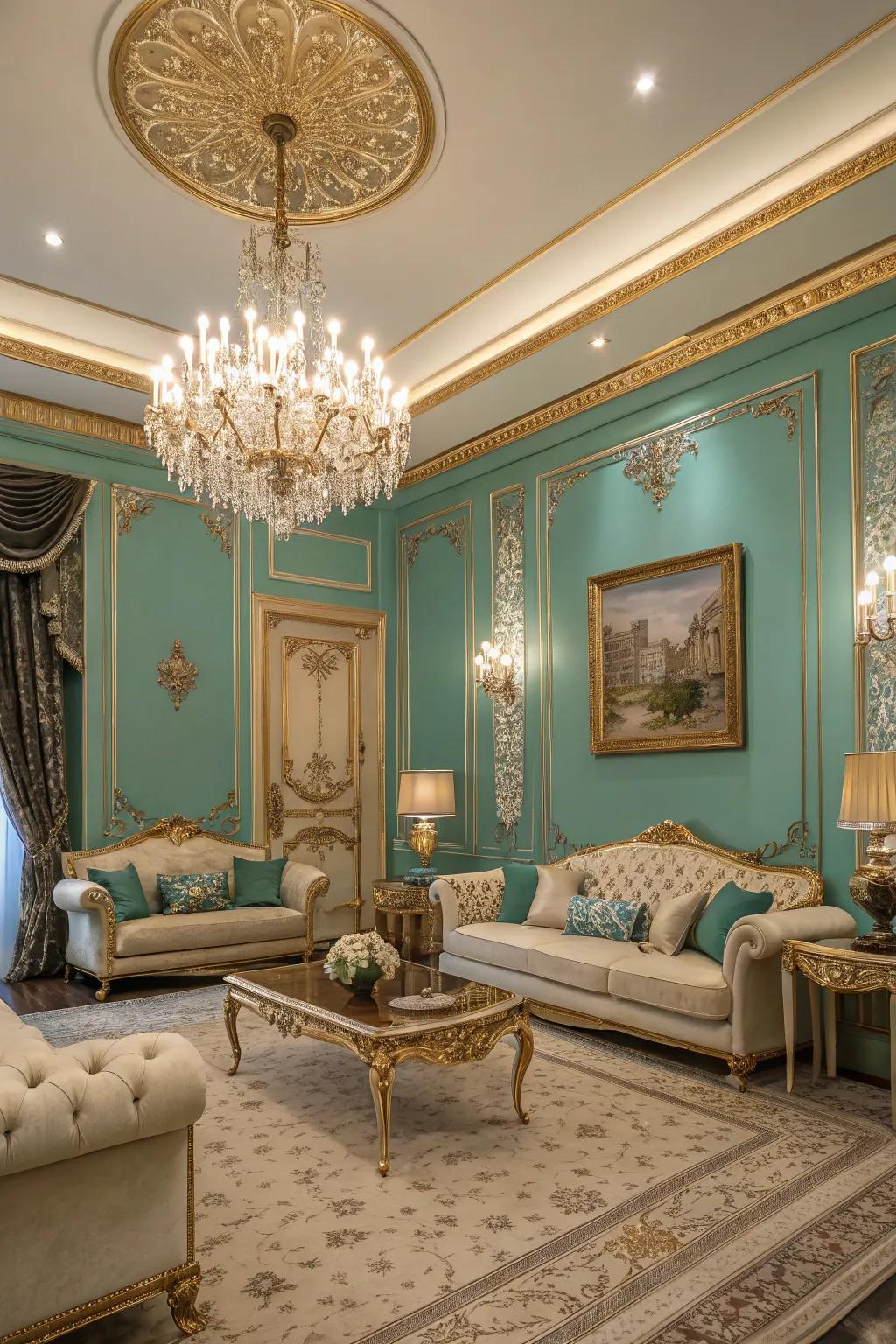 A majestic touch with seafoam walls and gilded trim.