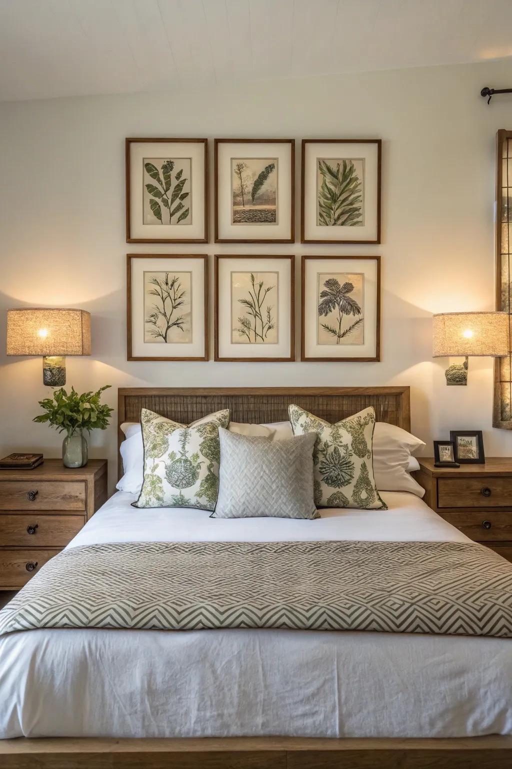 Matched art layouts bring togetherness to your bedroom.