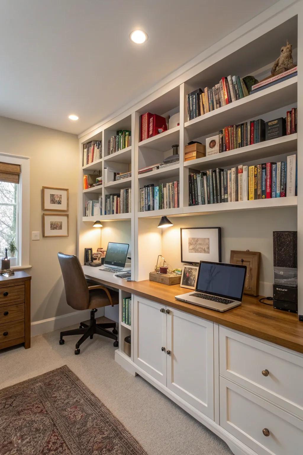 Integrating bookshelves into a home office provides both storage and practical use.