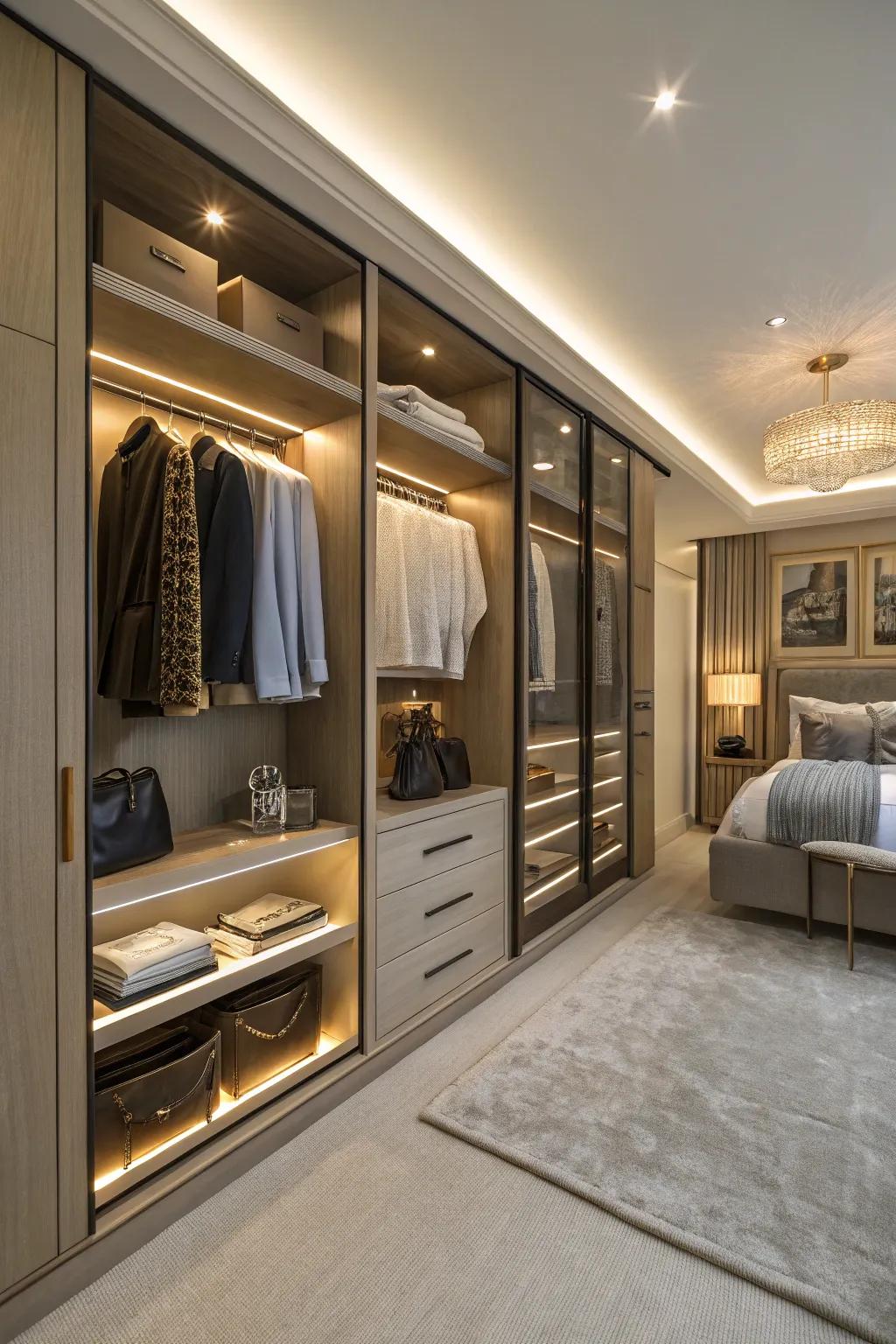 Wall closets improved with integrated lighting.