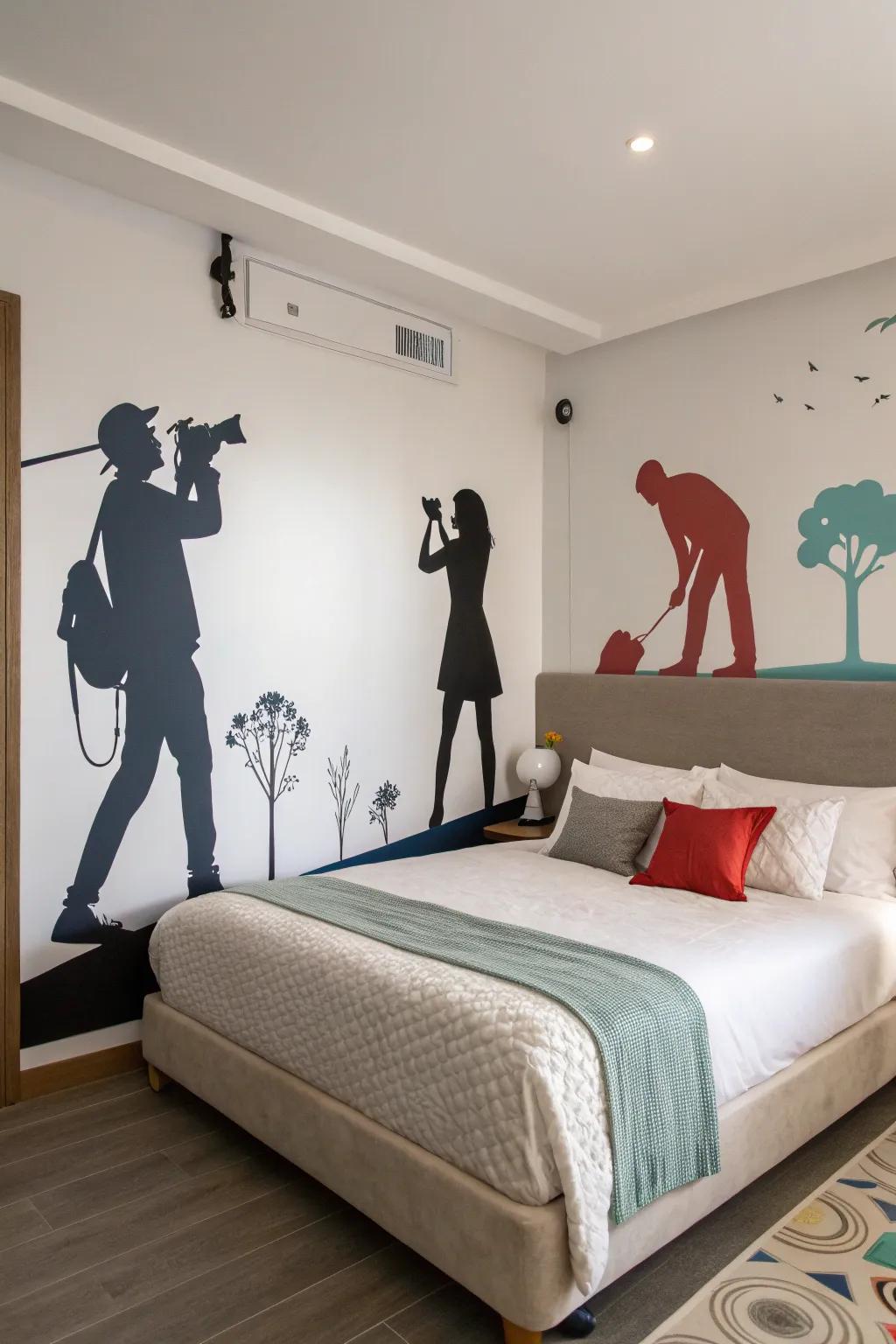 Artistic outlines bestow a gallery-esque sensation upon the bedroom.