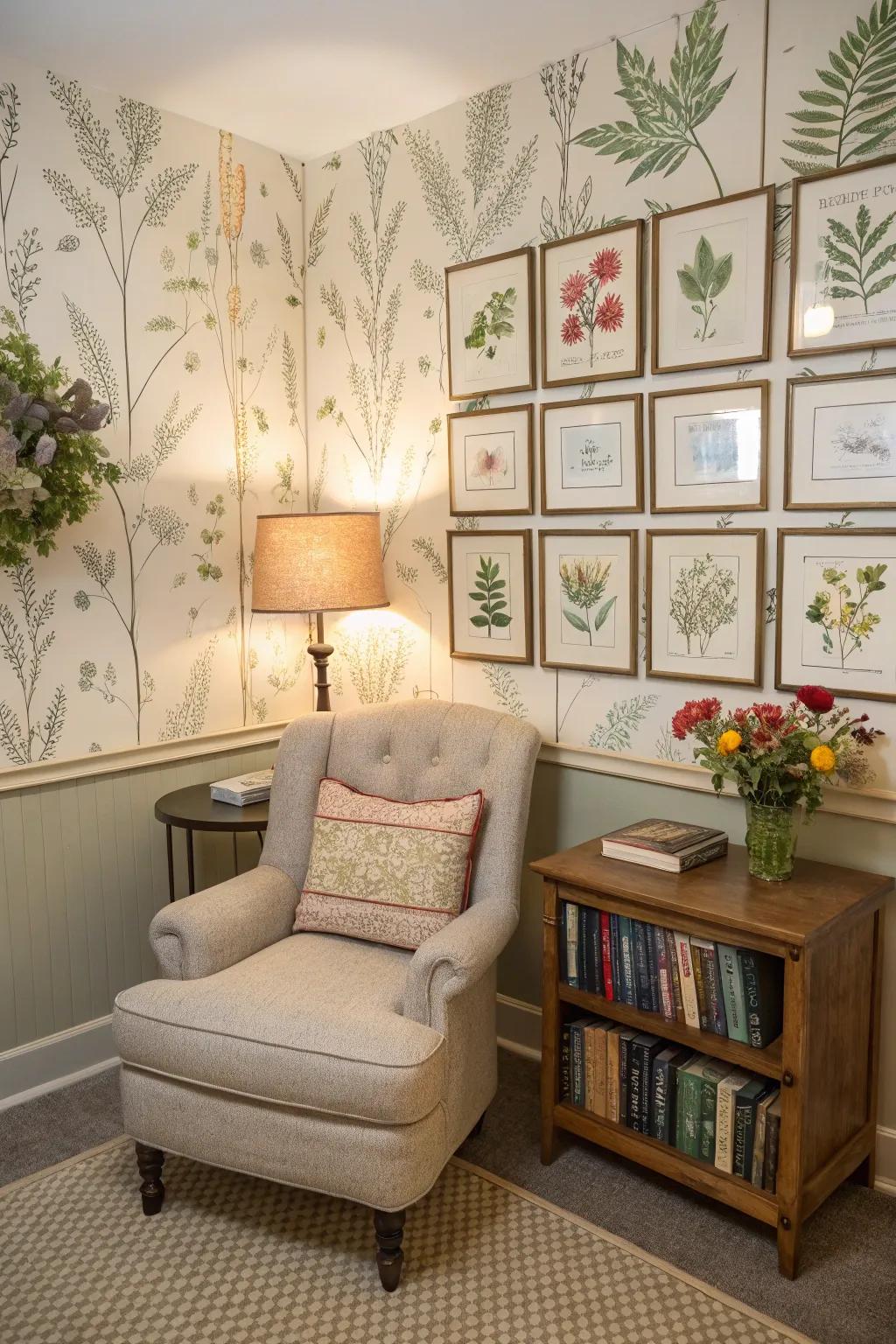 A nature-themed wall that seamlessly integrates the outdoors.