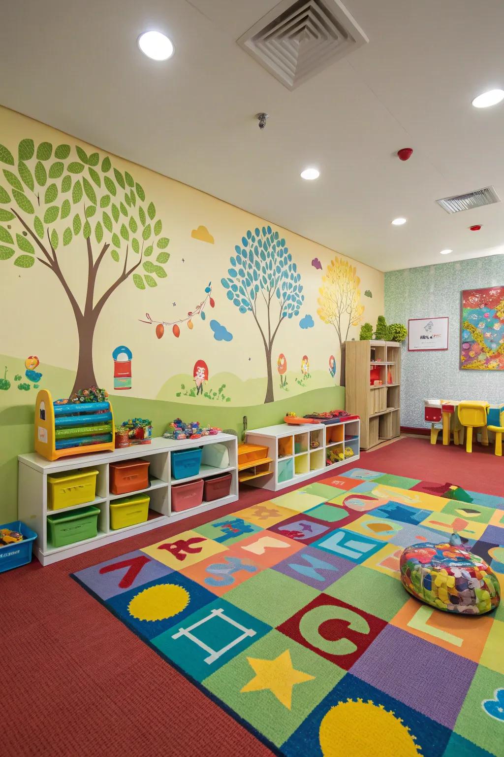 Colorful carpets create a playful and inviting atmosphere for children.