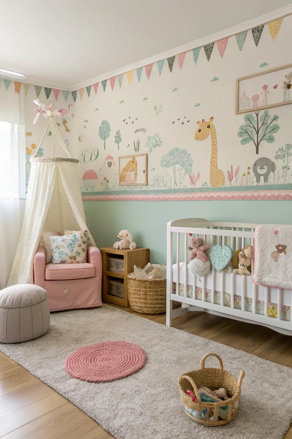 A nursery bursting with life thanks to a lively wallpaper edging.