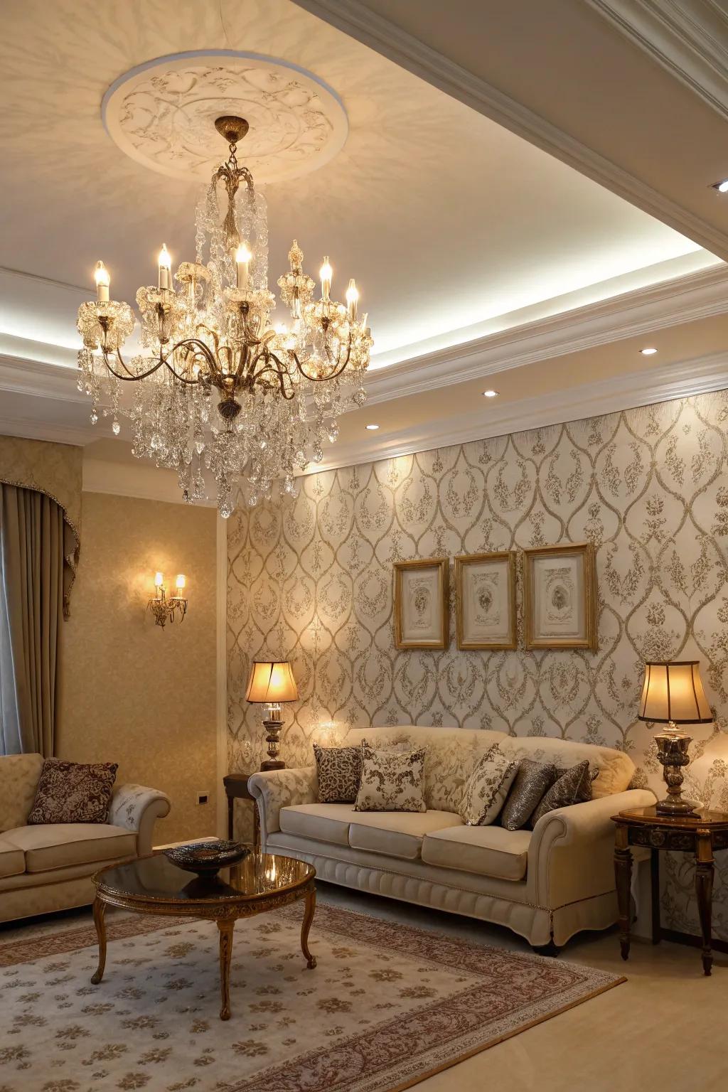 Highlight your wallpaper with stylish fixtures for a luxurious feel.