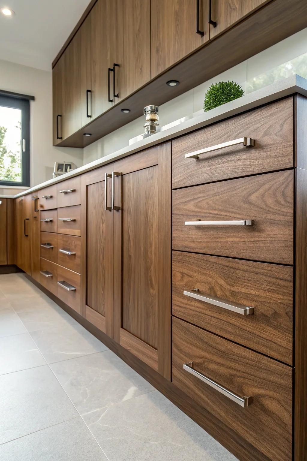 Modern hardware incorporates a sleek element to hickory cabinets.