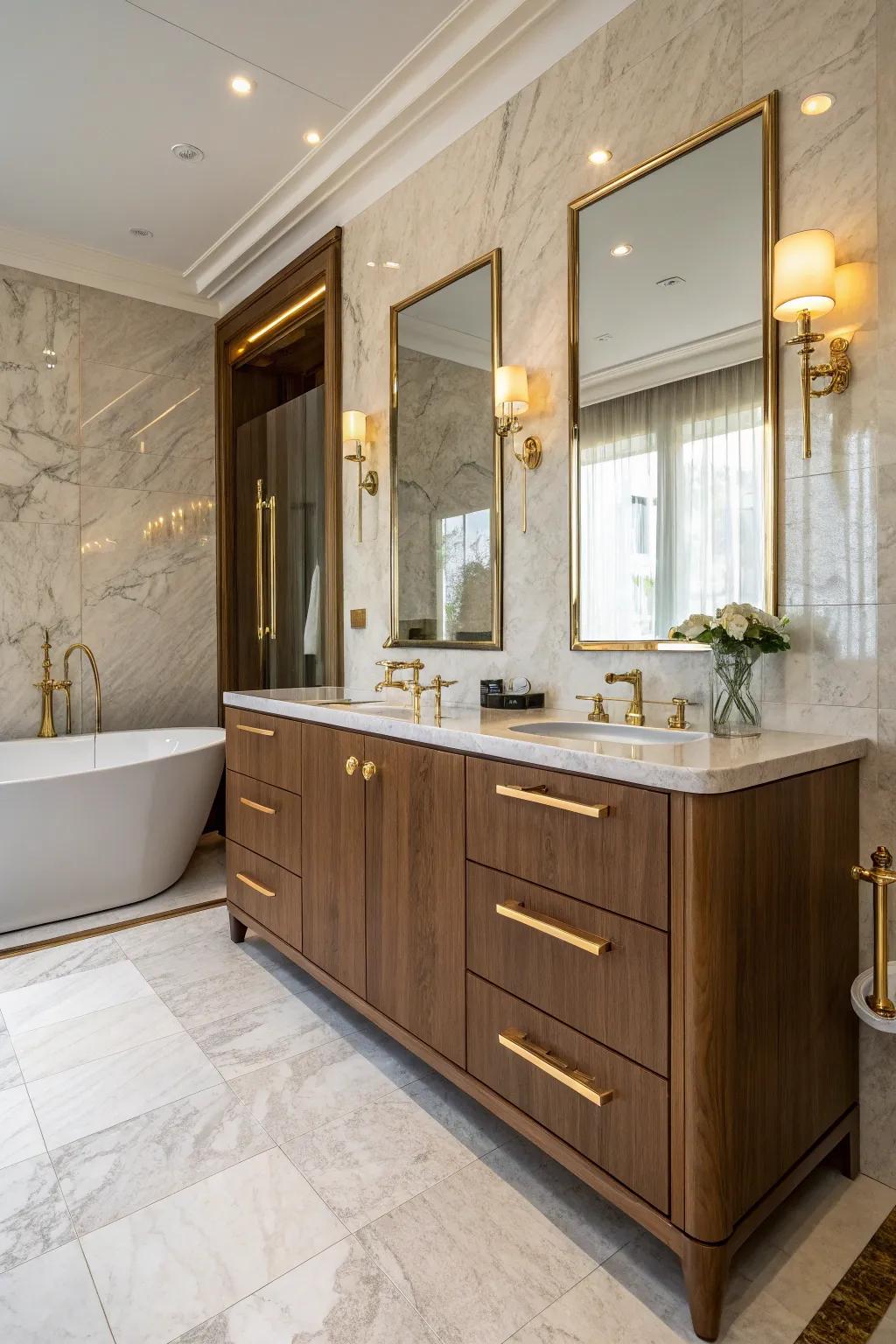 Raise the bar in your bathroom using elegant fixtures that complement your pecan vanity.