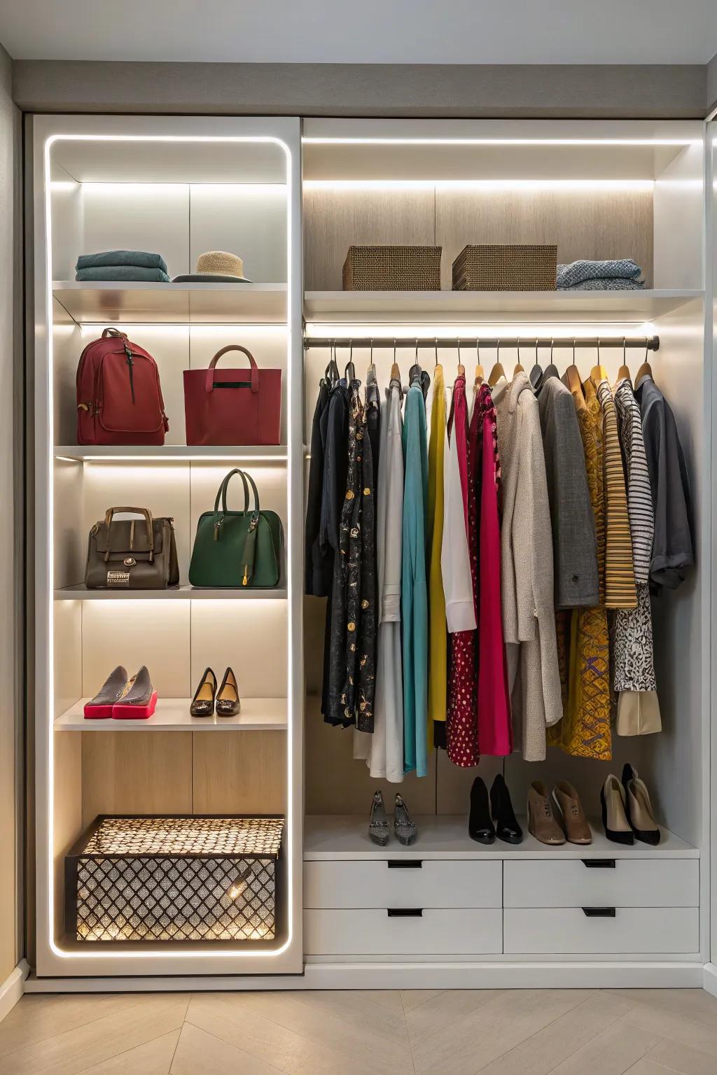 LED illumination introduces both practicality and flair to your wardrobe.