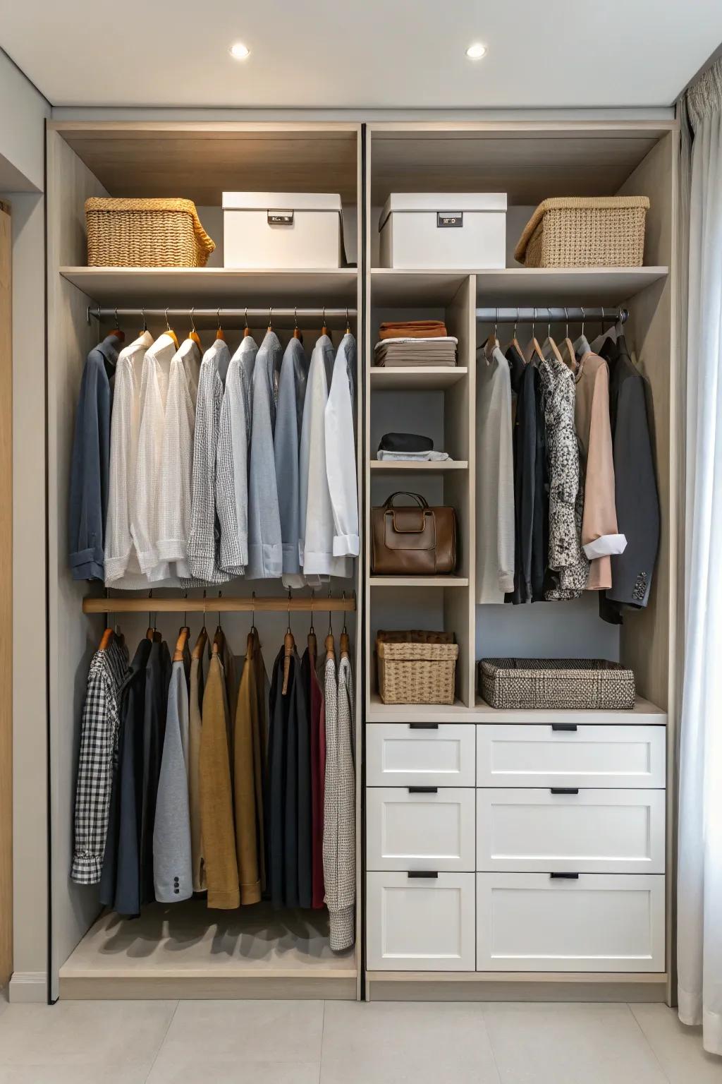 Varied hanging positions optimize wardrobe space.