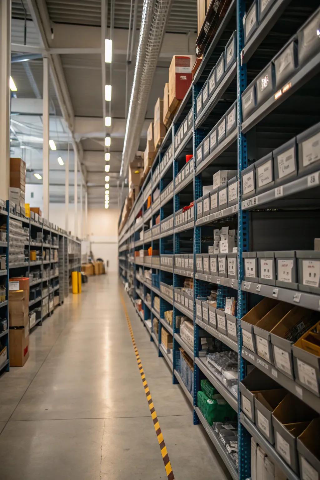 Optimized shelving layouts simplify inventory management processes.