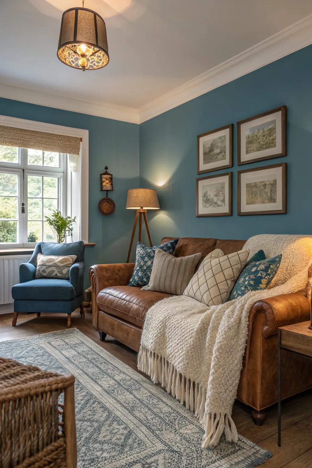 Textured design enhances the warmth of blue tones in your living space.
