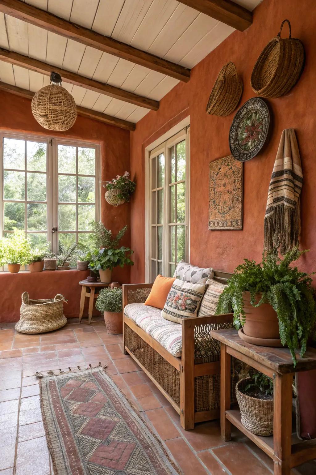 Sunroom with warm terracotta walls, providing a natural and comfortable sanctuary.