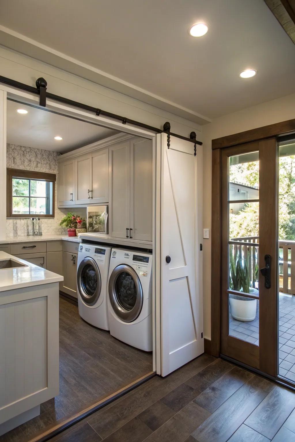 Sliding doors elegantly conceal the washer and dryer in the kitchen.