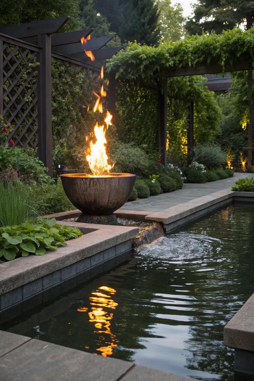 Fire and liquid blends fashion striking contrasts and core attractions in outdoor spaces.