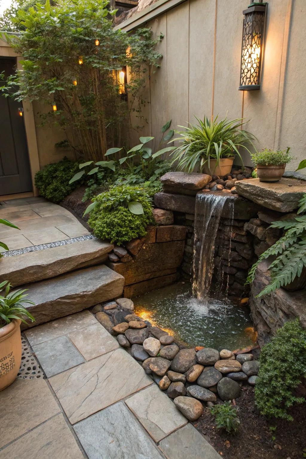 A petite, enchanting stone waterfall nestled in a cozy patio setting.
