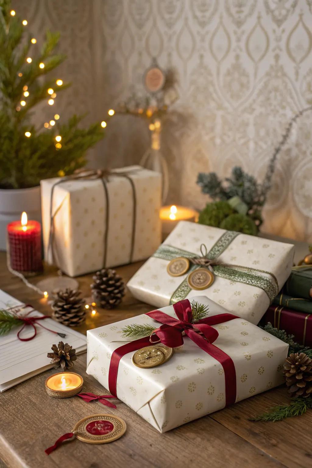 Gift wrapping elevated with wax seals, adding a personal and sophisticated touch.