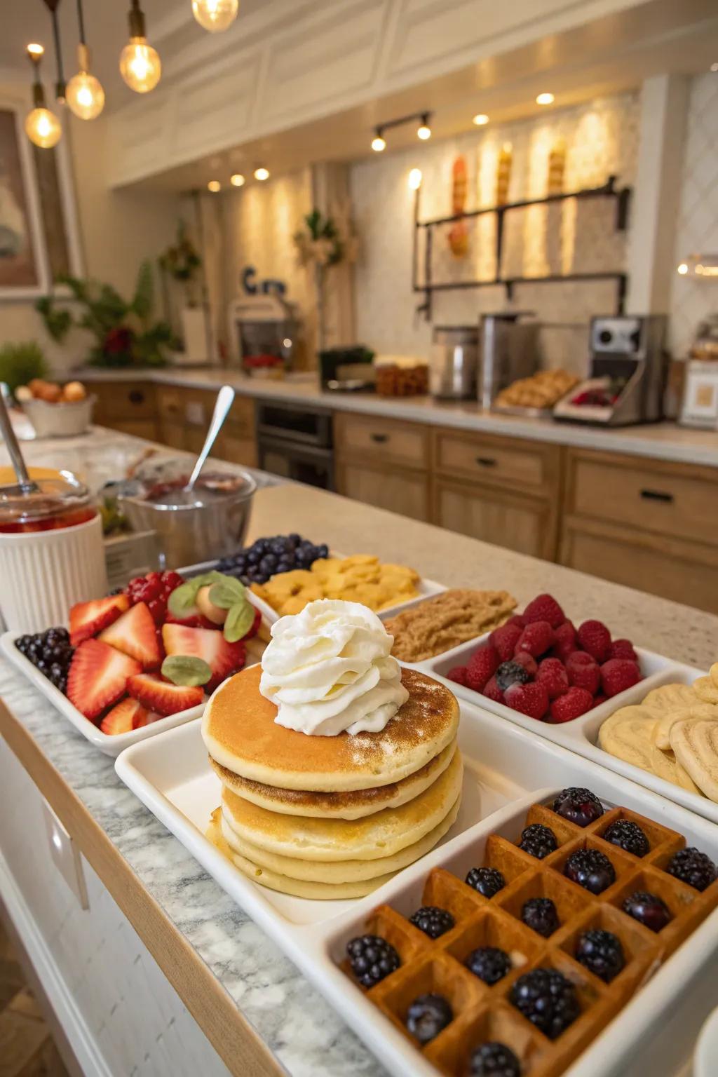 An inviting griddlecake and honeycomb bar arranged for a delightful wedding breakfast.