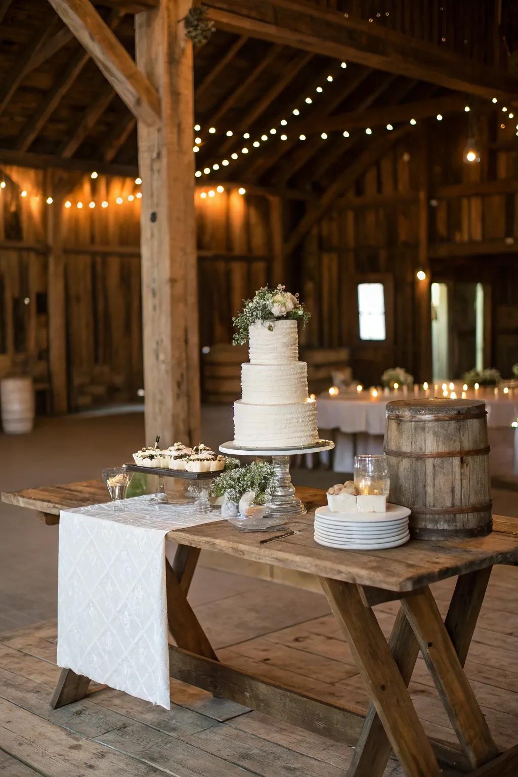 A country-style wood table providing a charming foundation for a wedding cake.