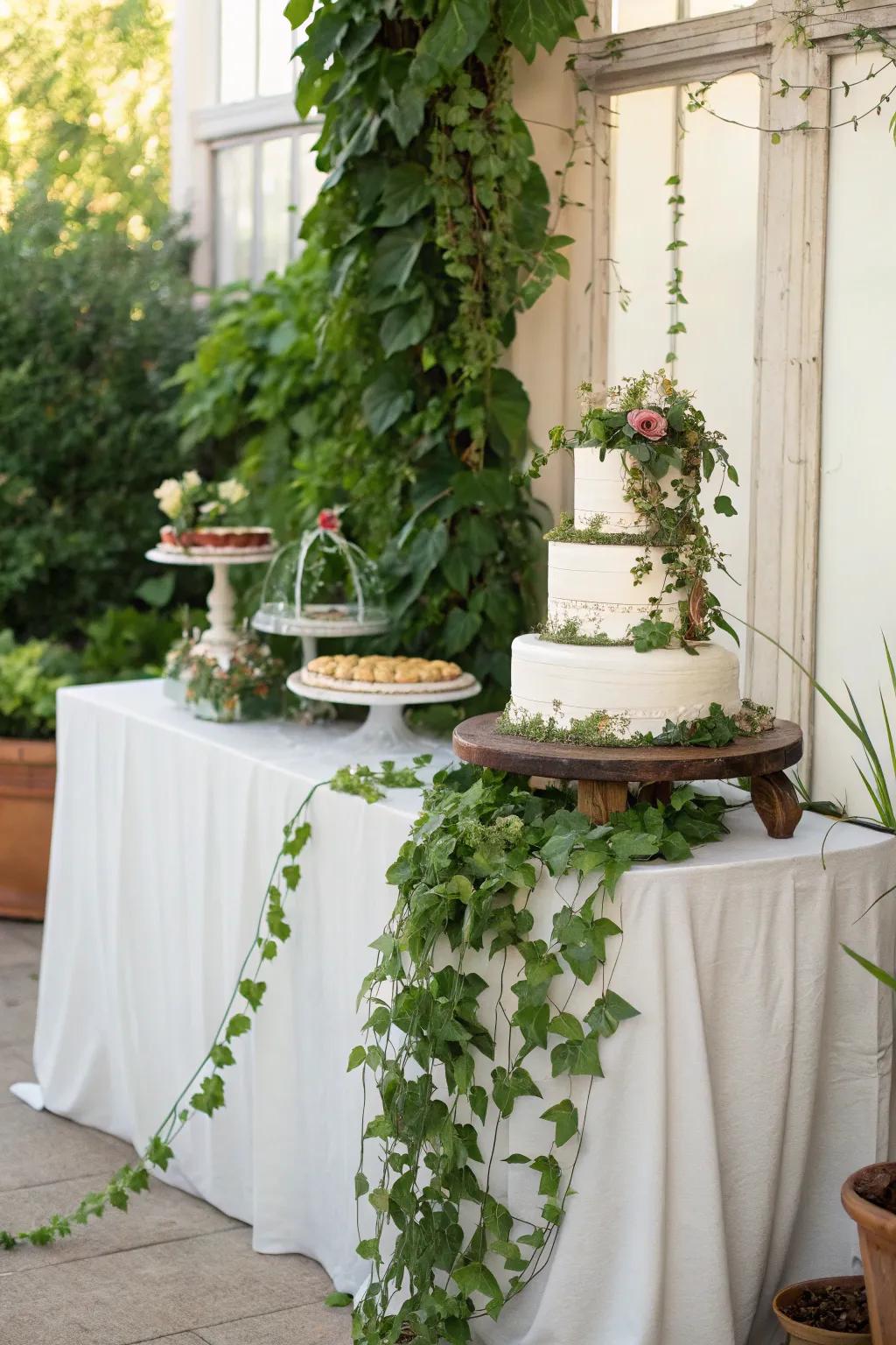 Foliage introduces a natural feel to the cake display.
