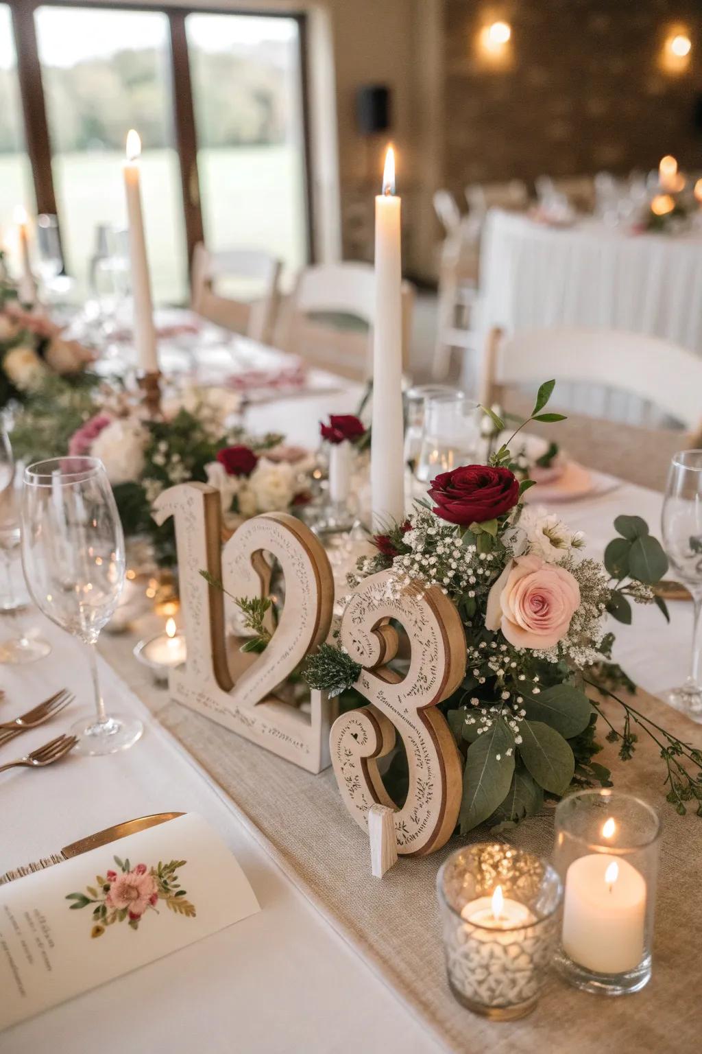Artistic table markers elegantly assimilated within the wedding centerpiece.