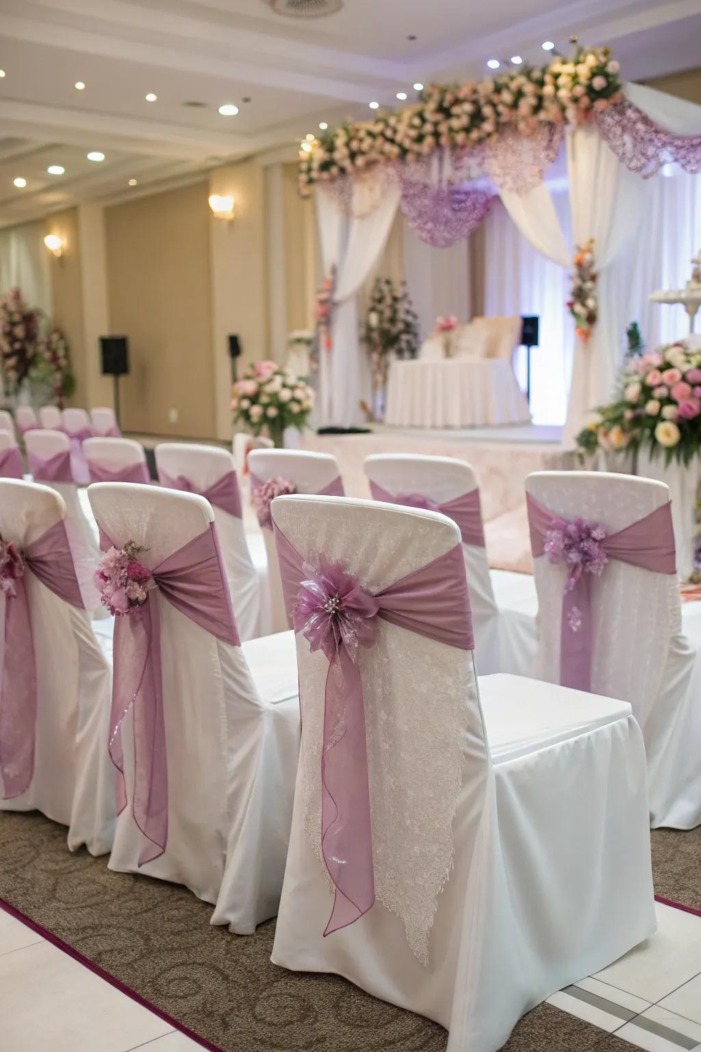 For a seamless aesthetic, coordinate chair covers with your wedding theme.
