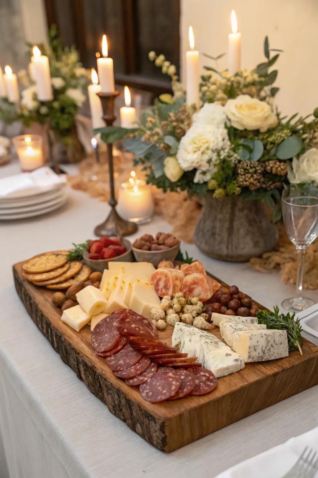 A rustic timber platter instills warmth and appeal.