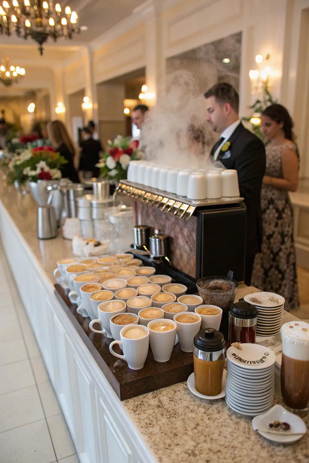 Wide range of coffee choices shown at a wedding coffee bar.