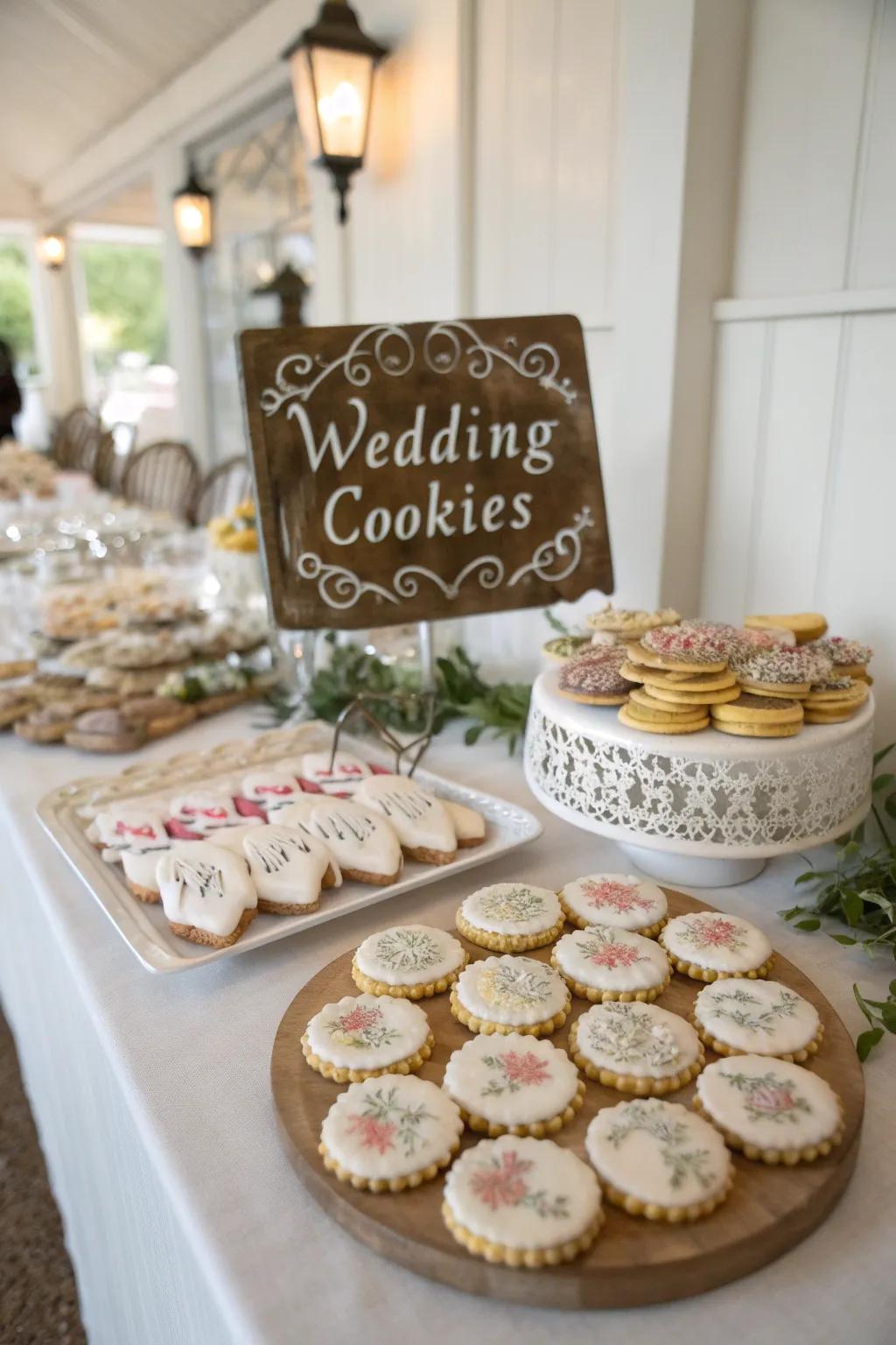 Personalized cookies and signage contribute a distinctive element to a wedding cookie arrangement.