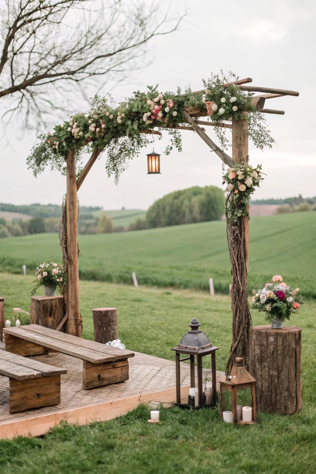 An outdoor wedding arrangement presenting simple decor and nature's elements, building a charming ambiance.