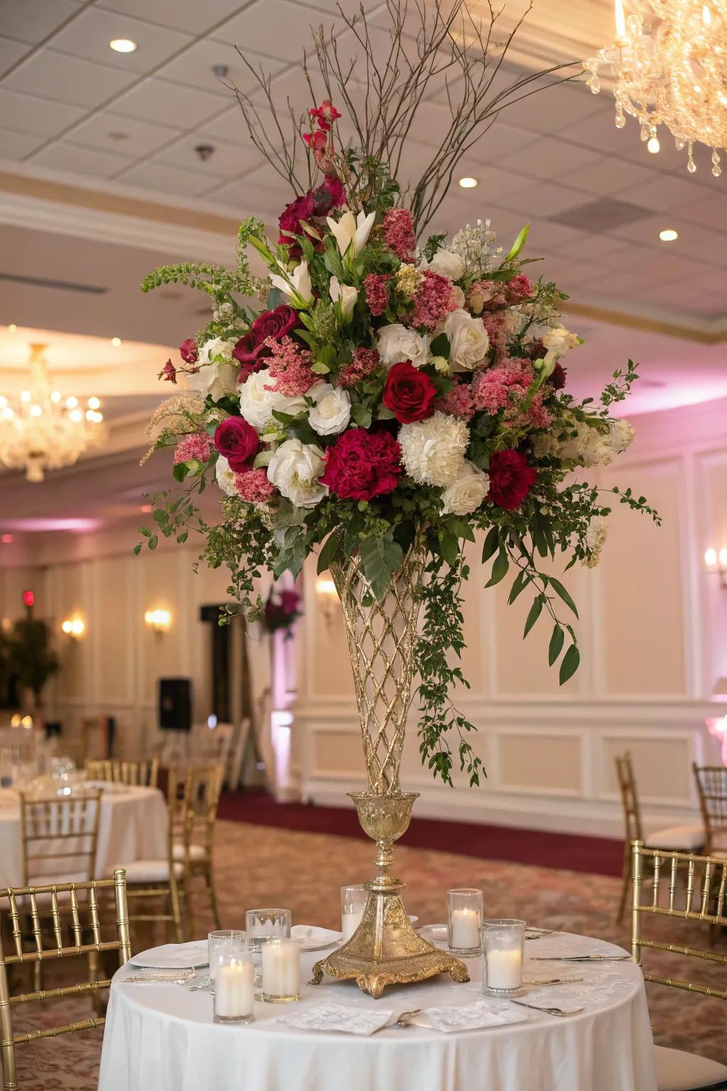 A soaring and grand floral display, adding drama and elegance to the wedding venue.