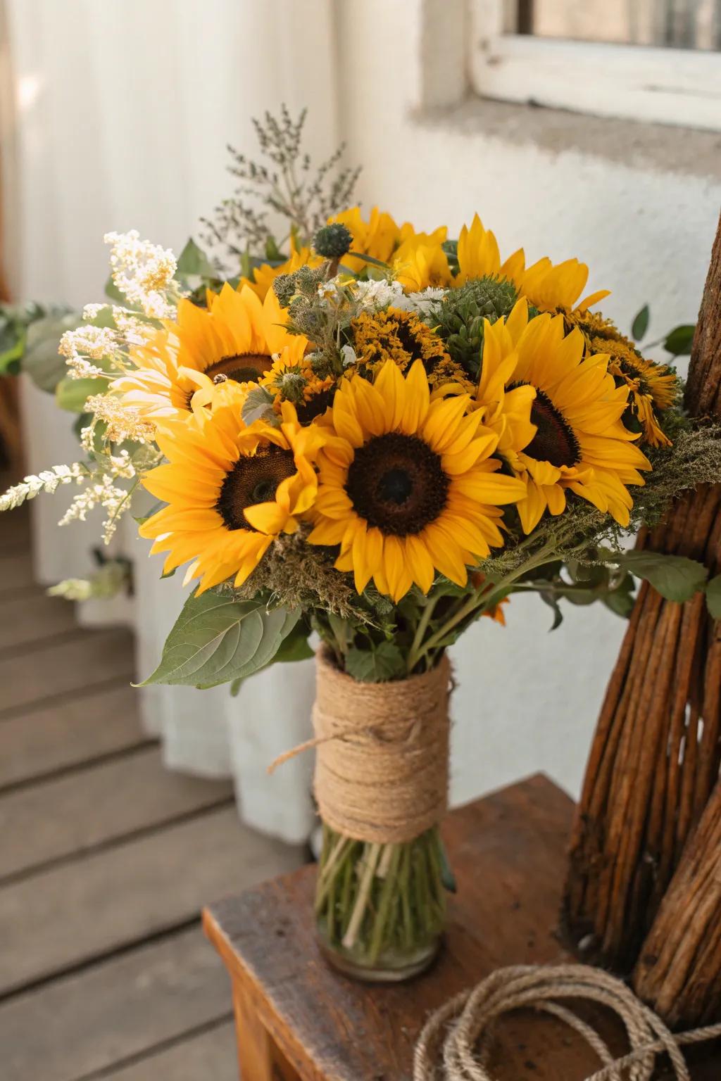 A cheerful sunflower bouquet ideal for an outdoor wedding.