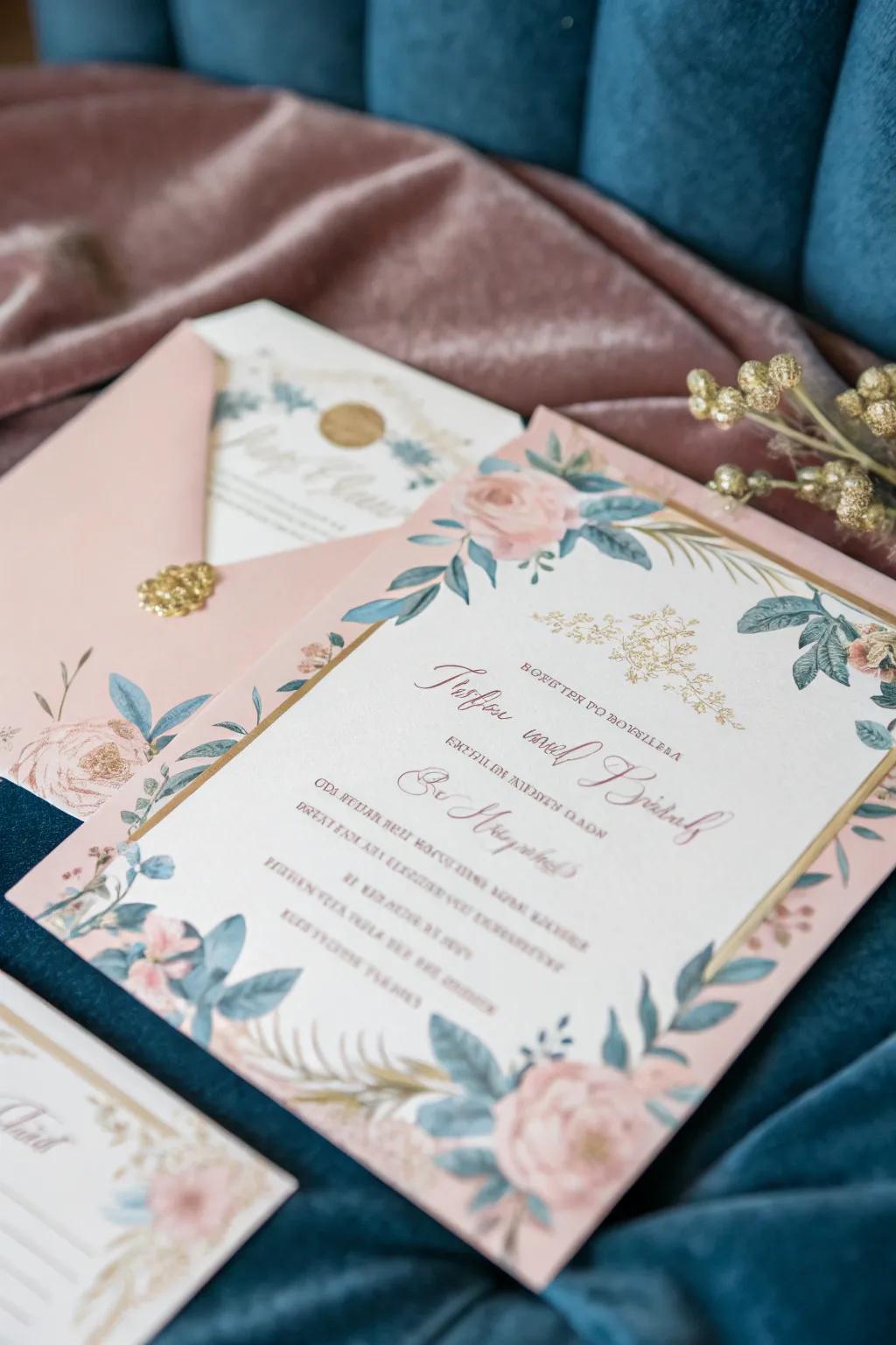 Announcement in rosy and sky hues set on a velvet backdrop.