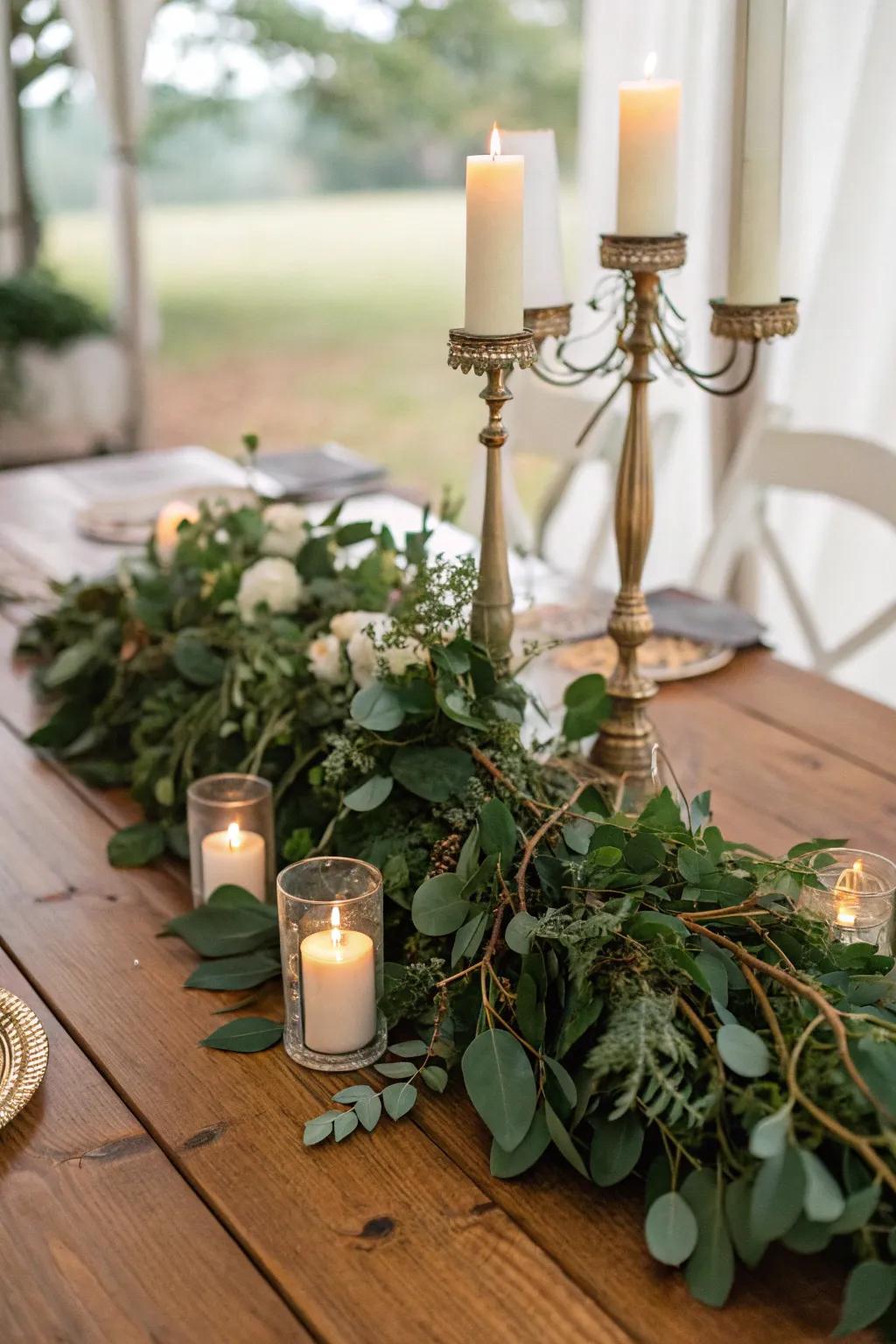 Foliage and lights crafting an organic centerpiece.