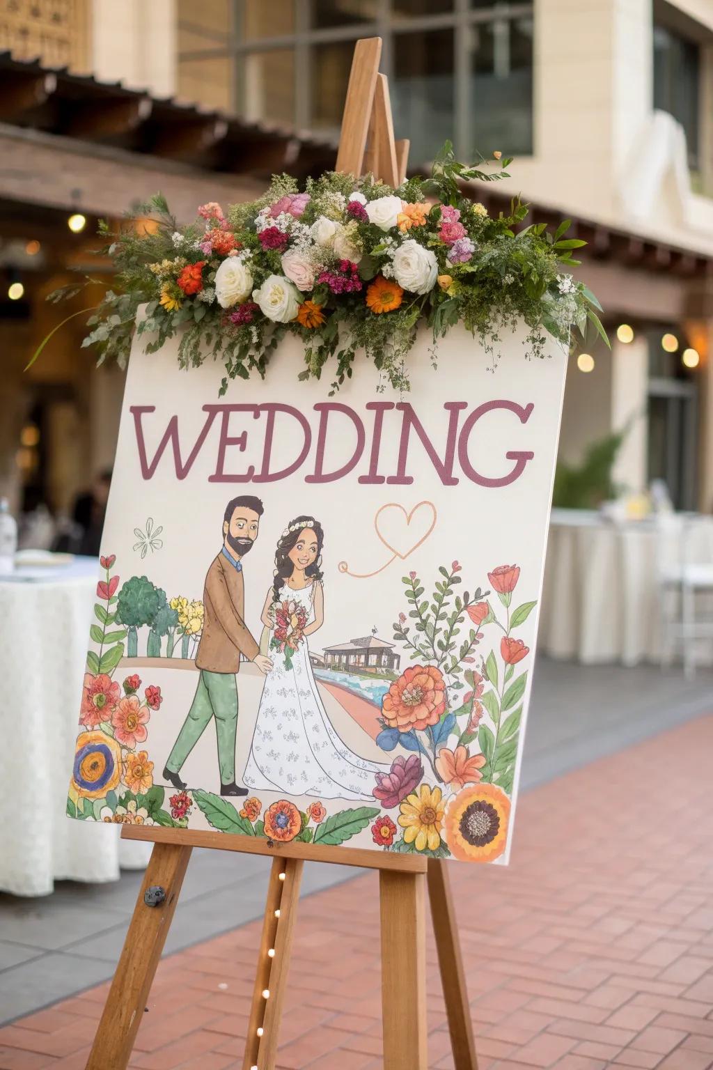 An illustrated painting display is a unique and personal wedding memento.