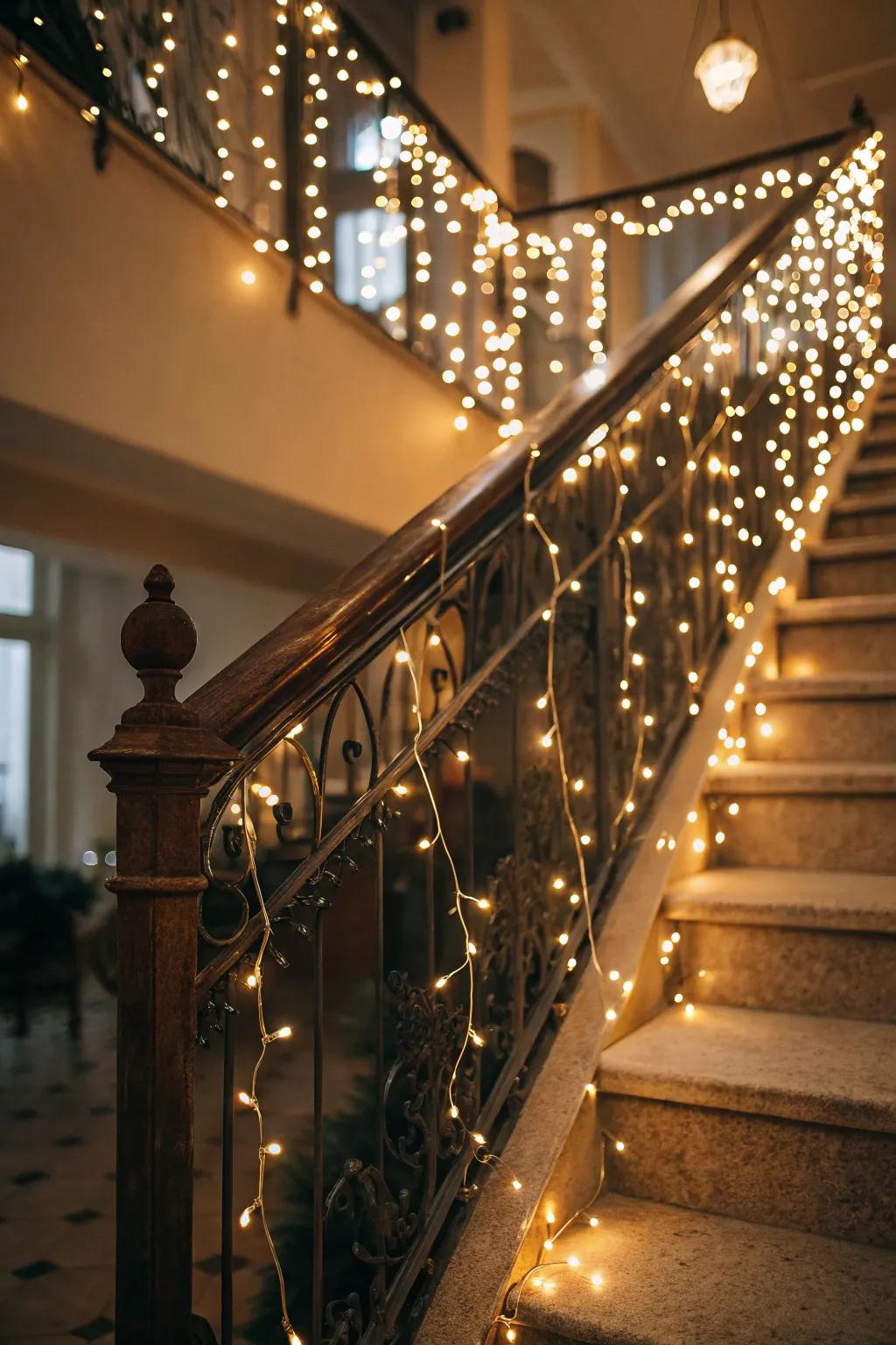 Pixie lights compose an enchanting, celestial impression on this wedding staircase.