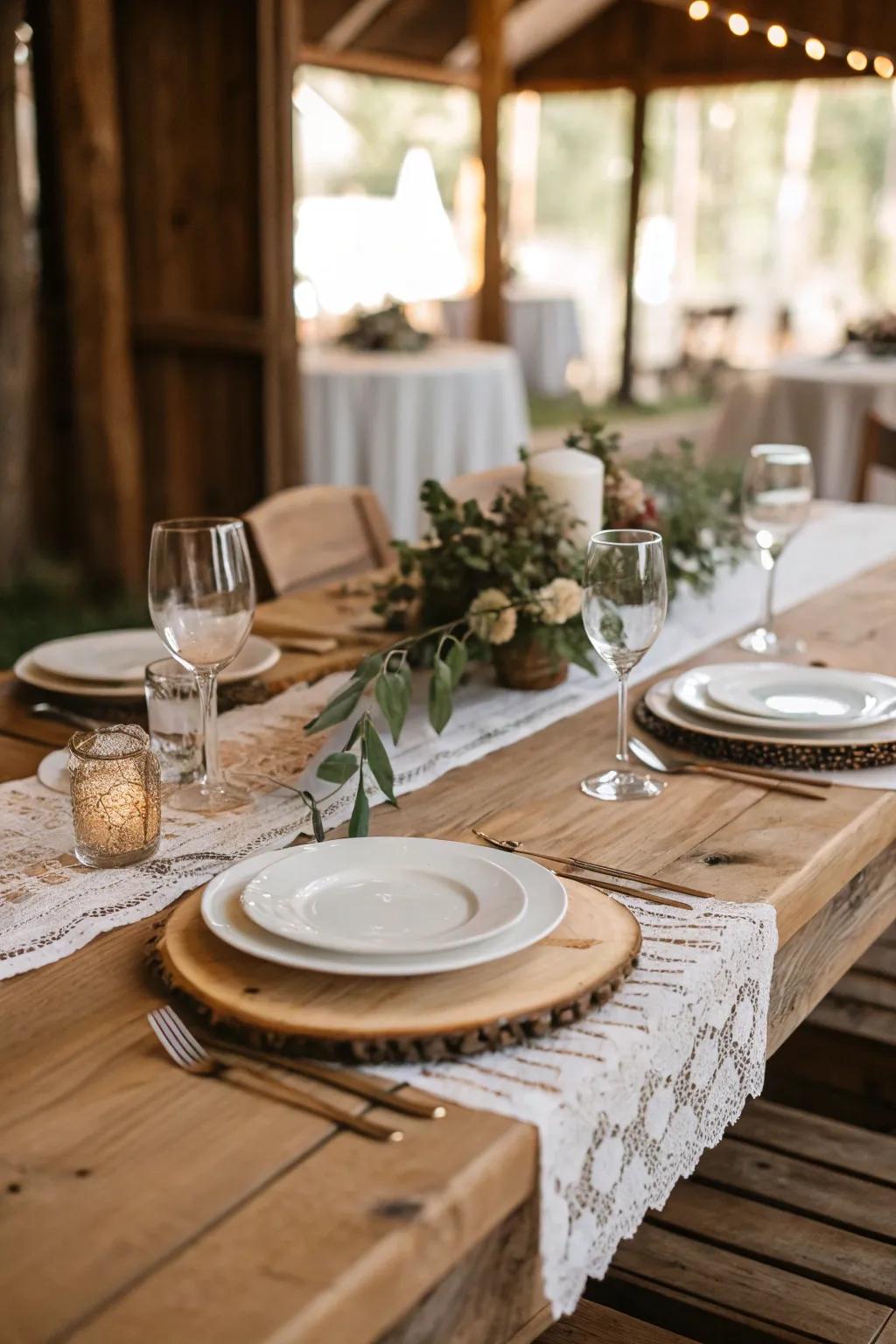 Unrefined wood components inject a natural and grounded vibe into wedding aesthetics.