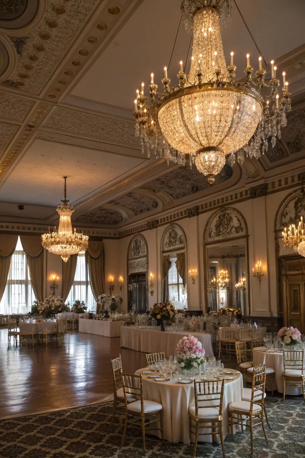 A luxurious ballroom venue, complete with sparkling chandeliers and elegant decor.