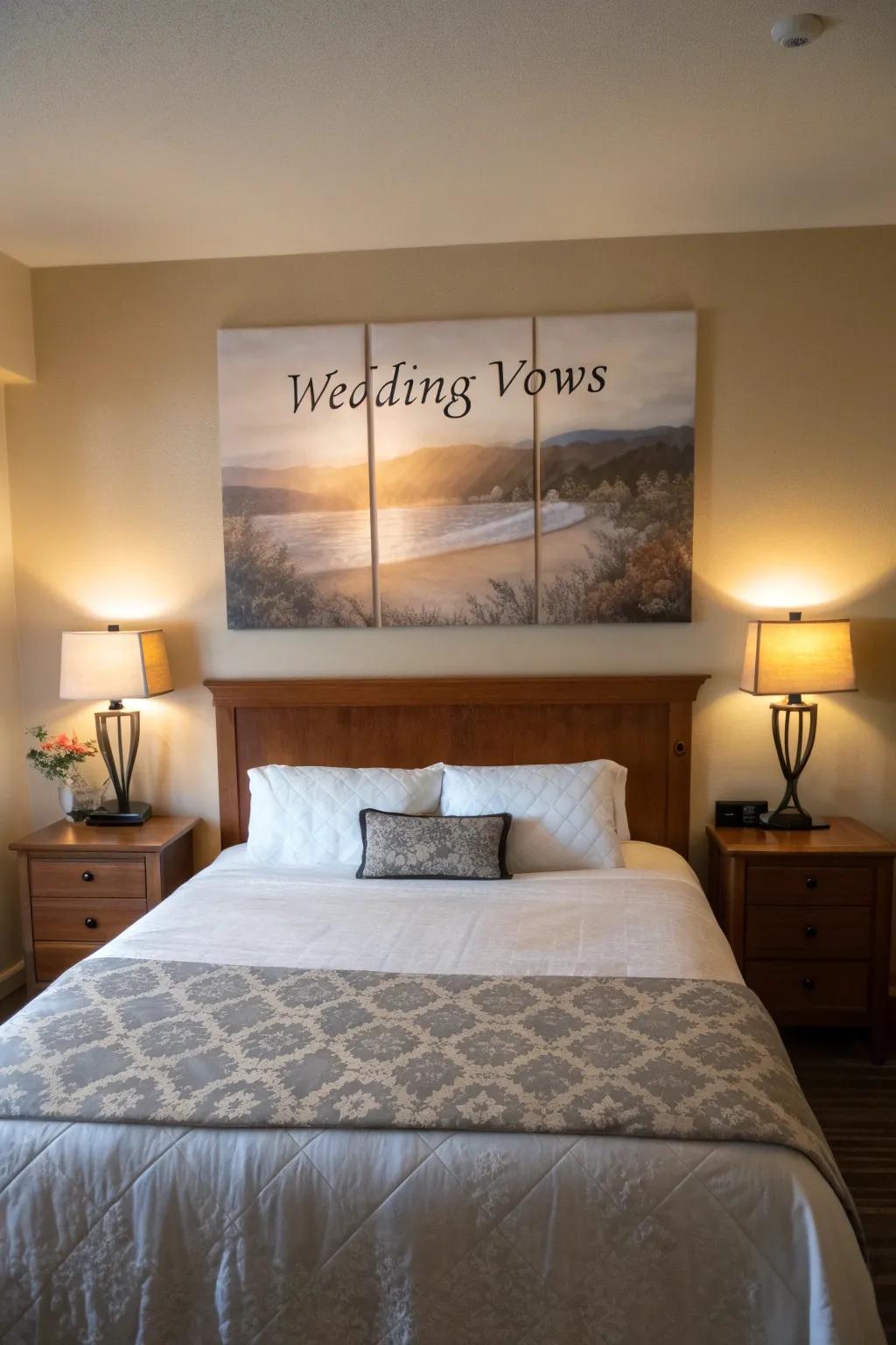 Dreamy stretched canvas prints of vows above a cozy bed.
