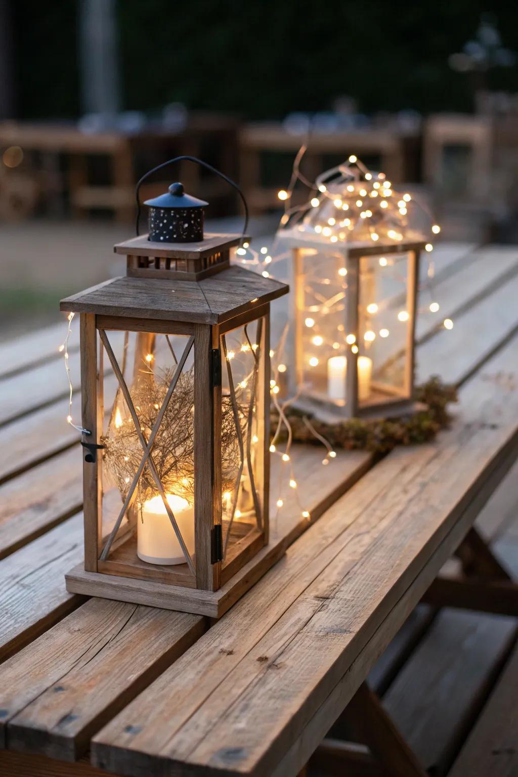 Lanterns accompanied by fairy lights create a snug and inviting glow suitable for any gathering.