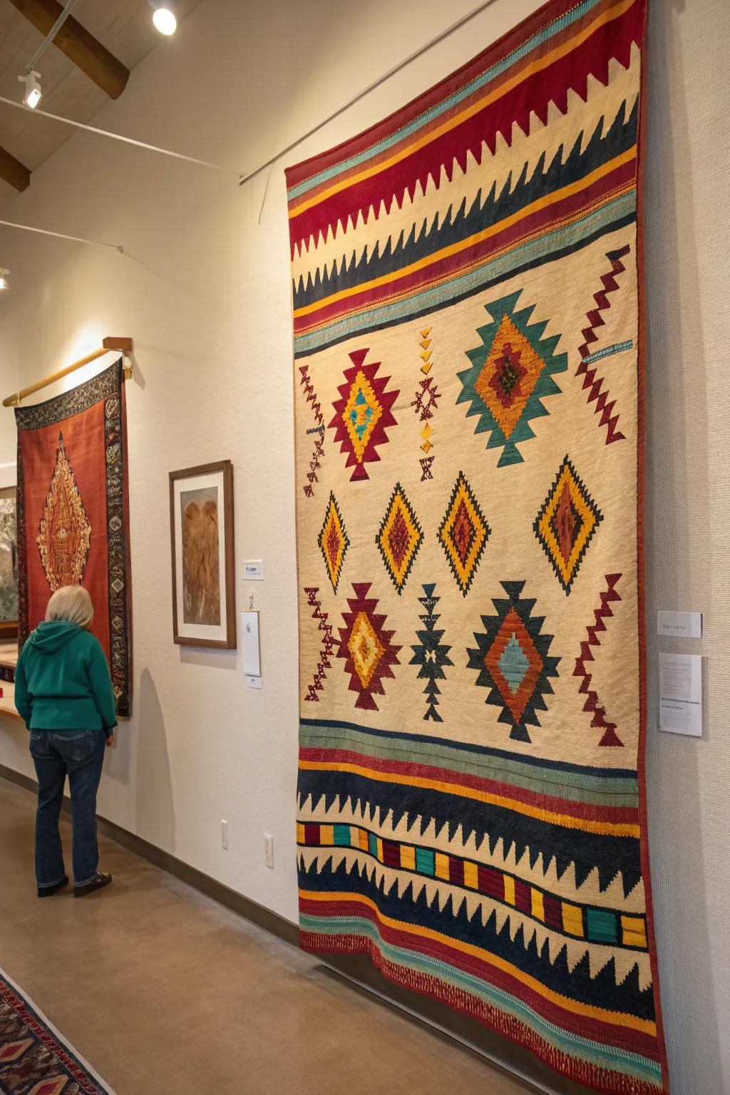 Colorful woven textile with Southwestern patterns.