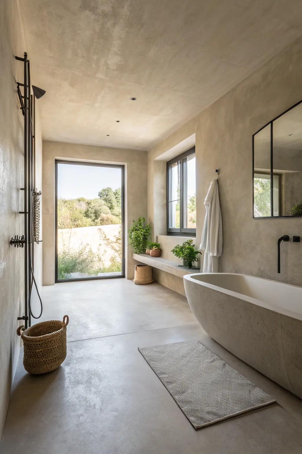 Cement finish crafts a streamlined, uniform aesthetic in wet rooms.