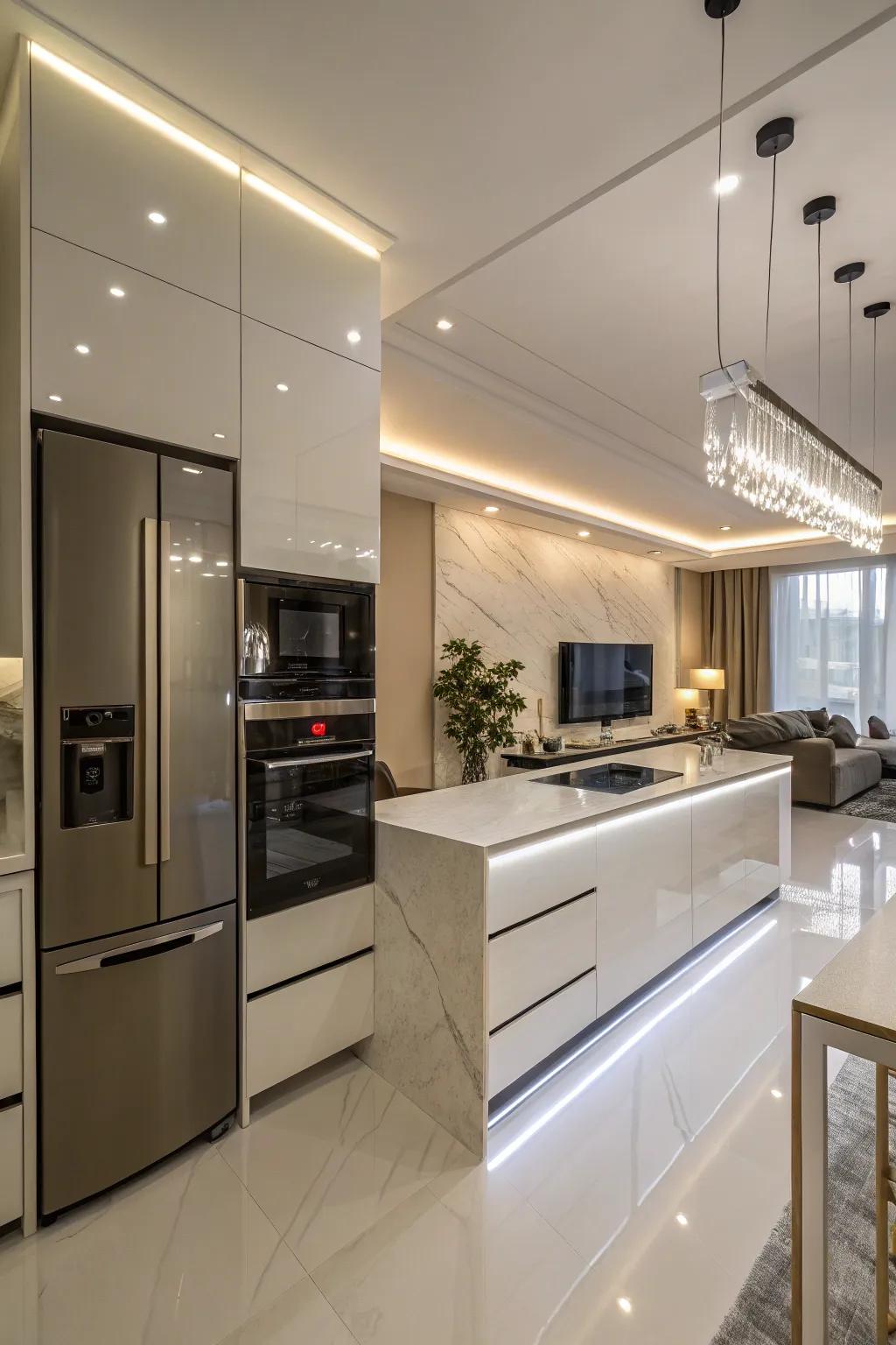 Glossy countertops inject a dash of contemporary glamour into any cooking area.