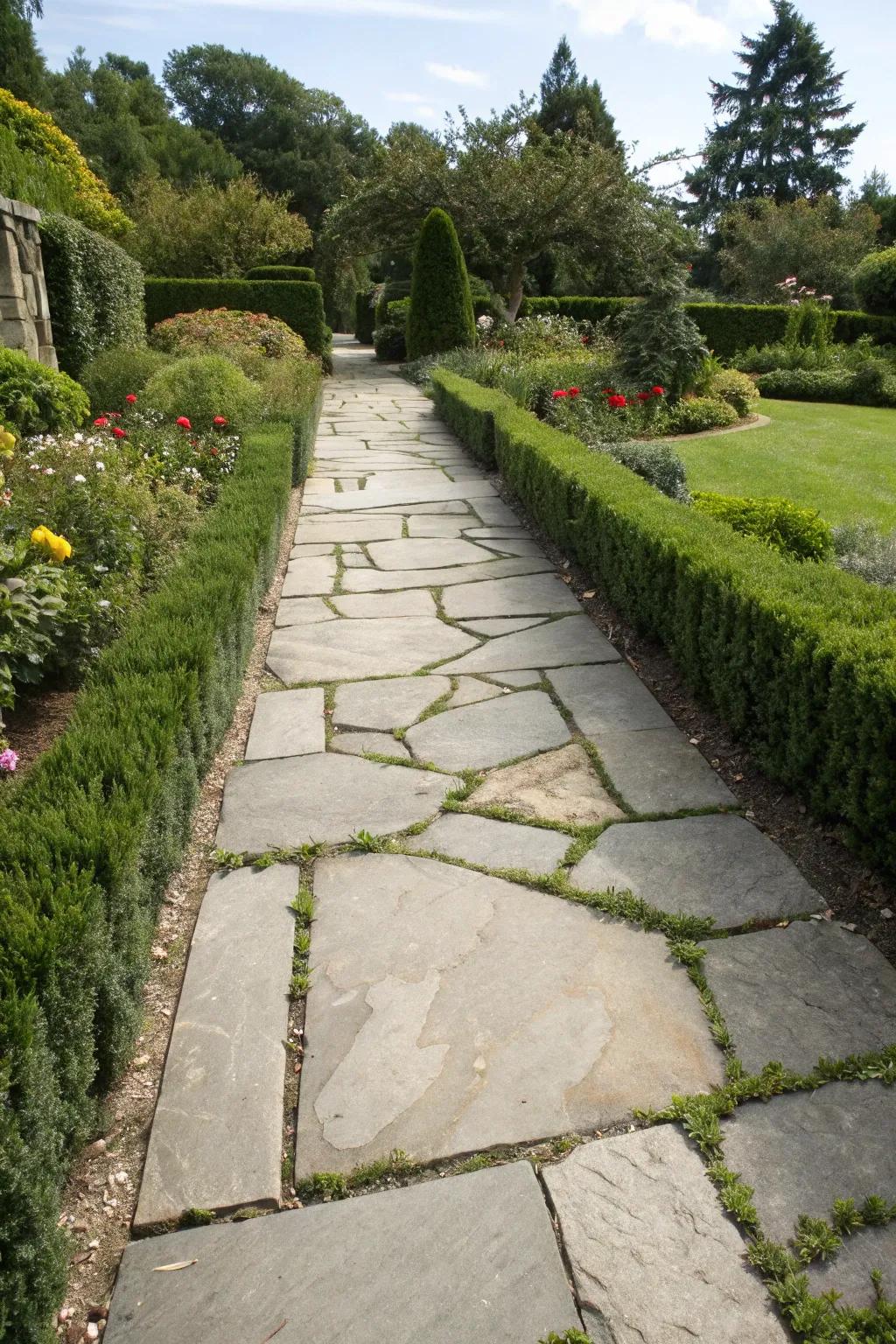 A flagstone path infilled with solid aggregate for a steadfast, durable finish.
