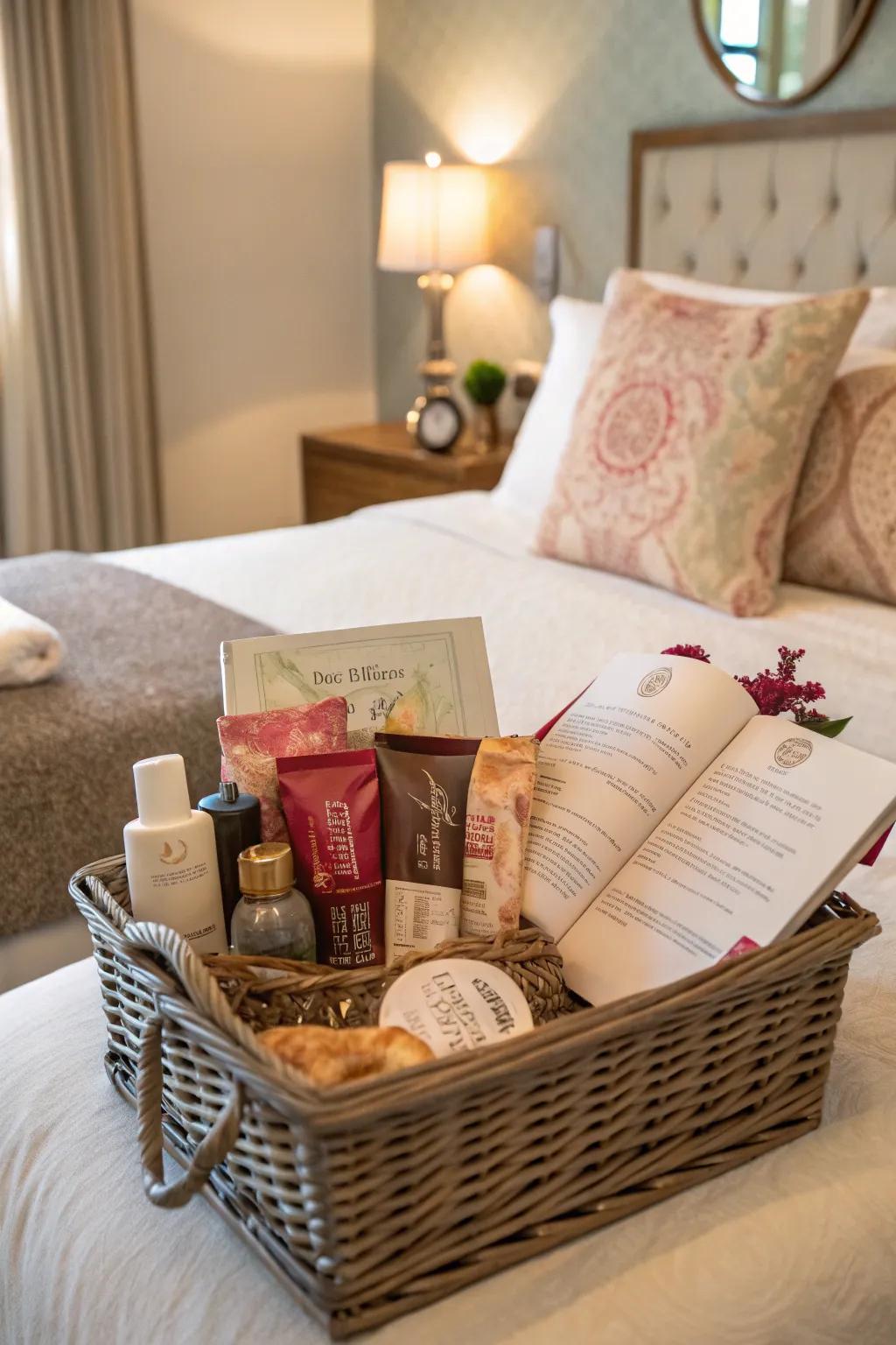 A thoughtfully assembled present basket introduces a luxurious element to your bedroom.