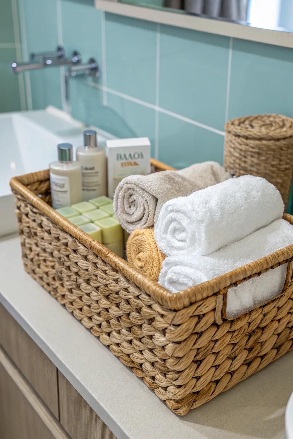 A basket presenting towels and soaps instills a spa-resembling sensation within the lavatory.