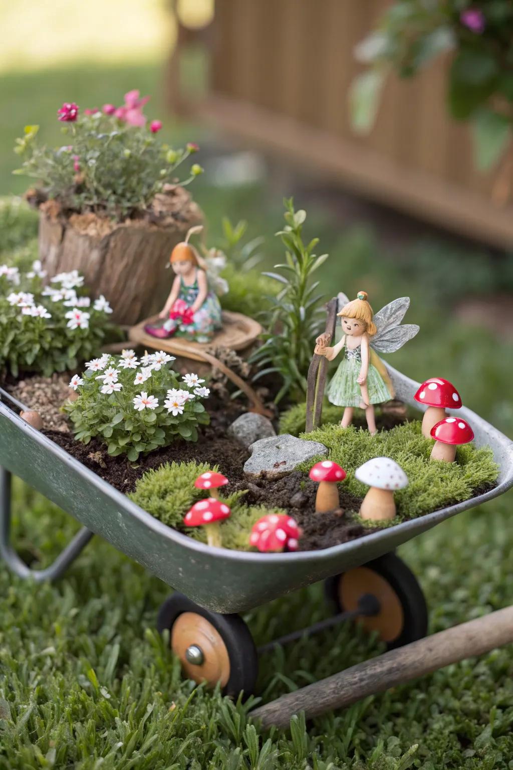 A captivating fairy garden nestled in a wheelbarrow.