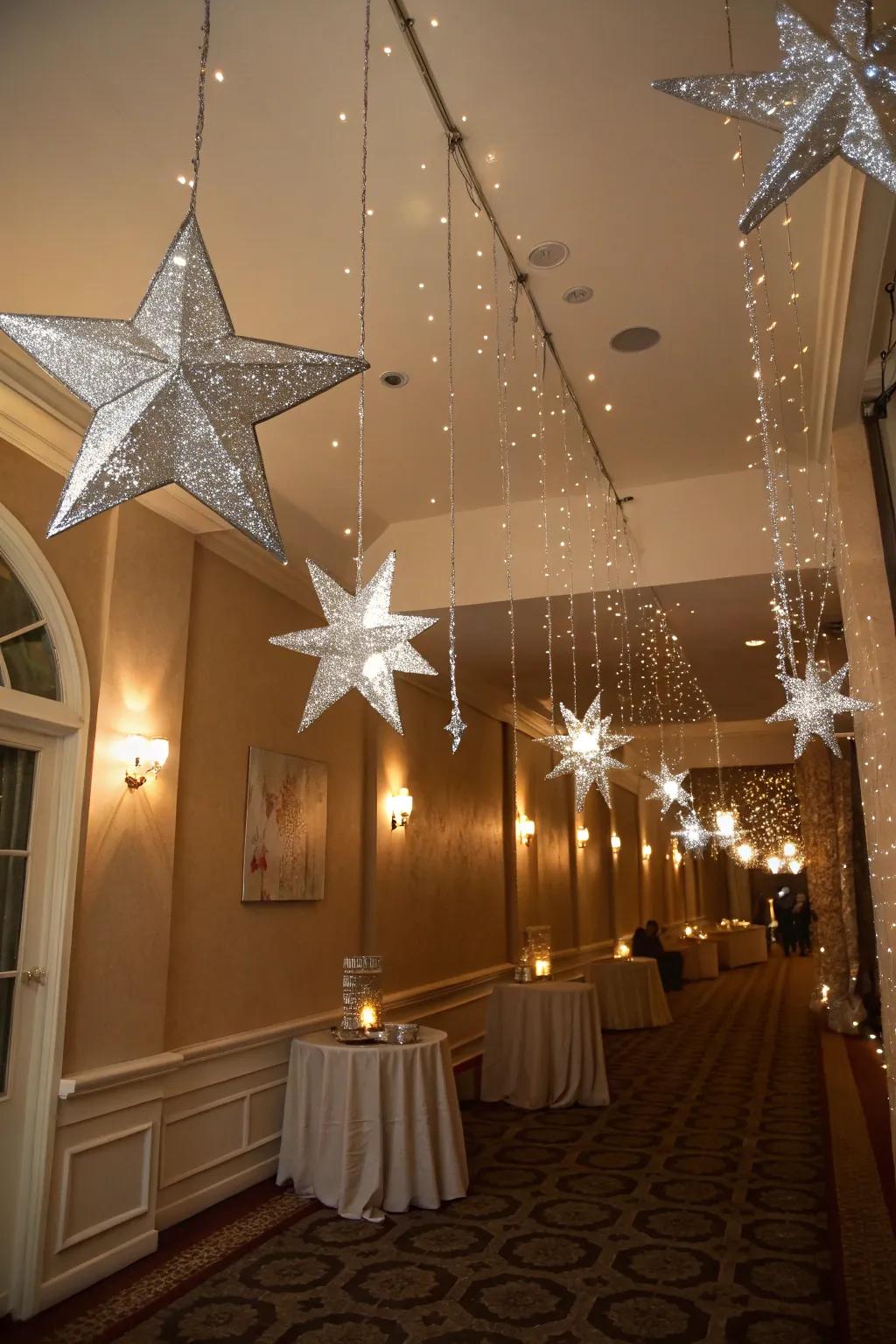 Fashion a whimsical atmosphere utilizing silver star ceiling ornaments.