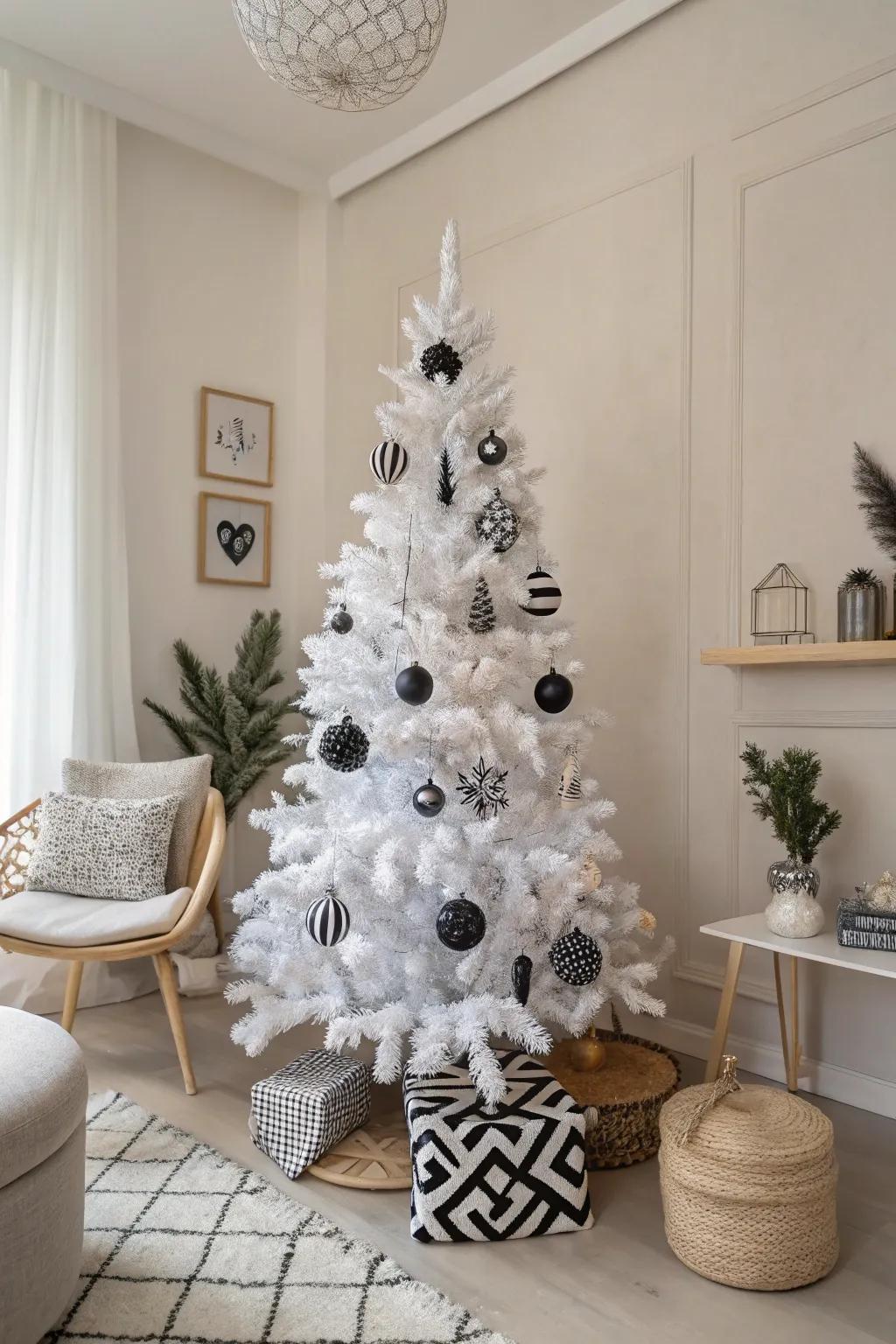 A contemporary minimalist tree featuring shaped ornaments, projecting a polished appearance.